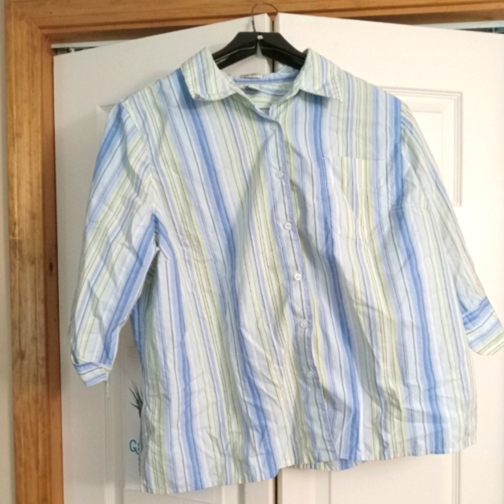 20W blue, yellow, black, and white striped button-up